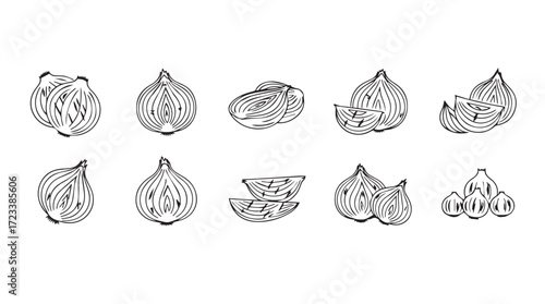 Hand drawn collection of fresh figs various halved whole and sliced for healthy eating silhouette