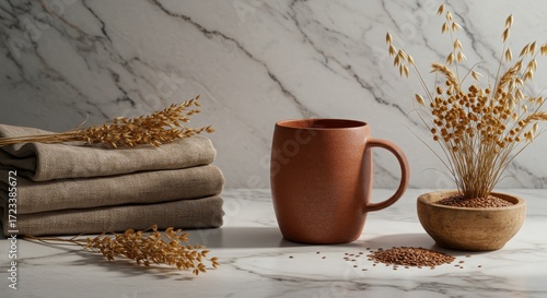 Cozy Natural Still Life with Clay Cup, Textiles, and Dried Flowers