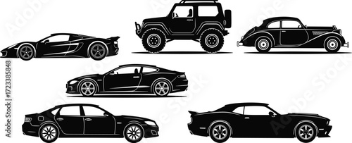 Vector cars set, sports car, SUV, classic vintage car, sedan, muscle car, coupe silhouette, automobile collection, transportation illustration
