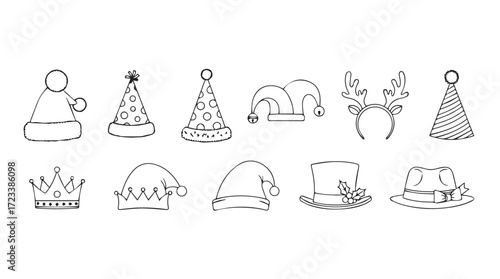 Collection of hand drawn festive hats and christmas ornaments for celebrations and holidays silhouette