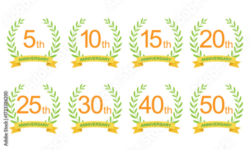 アニバーサリー周年記念ローレルリース 黄リボン付きベクター素材（5周年・10周年・15周年・20周年・25周年・30周年・40
周年・50周年）