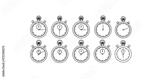 Vintage stopwatch collection hand drawn sketch style isolated on silhouette