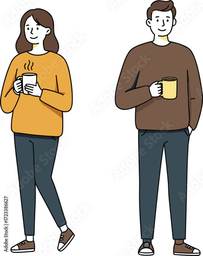 Casual lifestyle illustration of man and woman drinking coffee, modern outfit, relaxed mood, cartoon style, social interaction, vector art