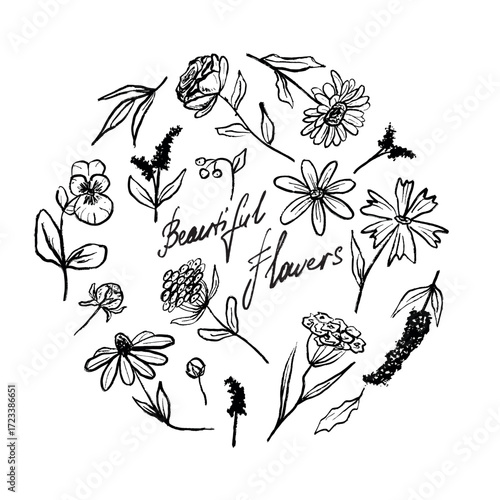 Hand drawn flowers in round shape. Vector sketch illustration in vintage crayon style. Floral logo design, print. Clothes element. Garden symbol, daisy, lavender, tulip, rose