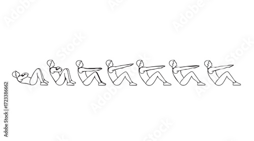 Series of line drawings depicting the progression of a sit up exercise routine silhouette
