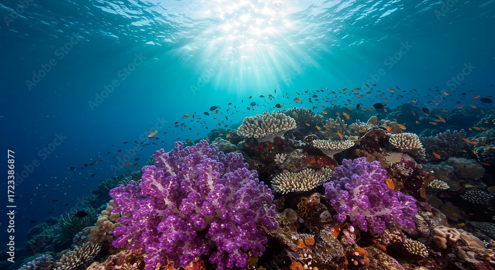 Fototapeta premium Underwater Coral Reef with Fish and Sunlight