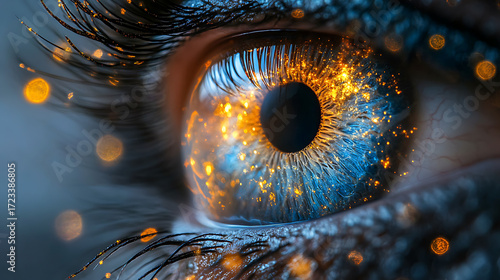 Close-up of divine bird eye reflecting cosmic light and celestial patterns 