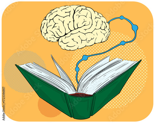Vector illustration of the brain absorbing the information from the book. How to become smart.
