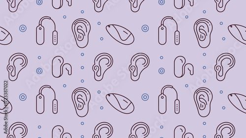 Repeating pattern of hearing aids and ears on a light purple background with small circle accents