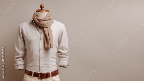 Stylish men's fashion display with beige shirt and scarf on mannequin