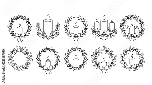 Festive christmas wreaths and candles hand drawn line art collection for holiday decoration design silhouette