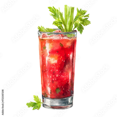 Watercolor illustration of bloody mary cocktail with celery garnish, spicy artistic drink.