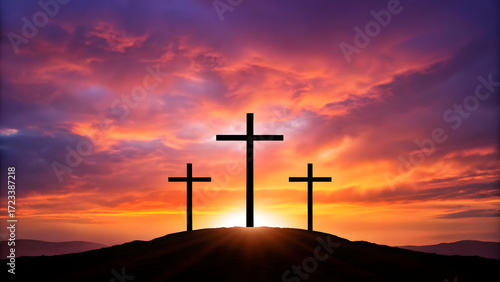 Three crosses on hill with sunset and colorful dramatic sky in christian faith scene 
