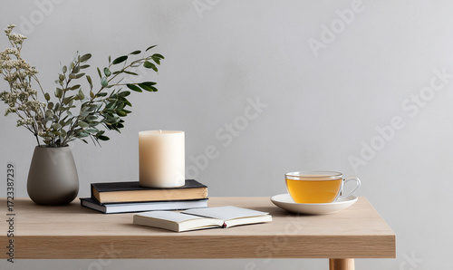 Minimalist Desk with Candle, Notebook and Tea