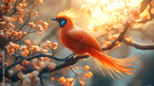 Brightly lit bird of paradise with luminescent plumage and soft mist aura 