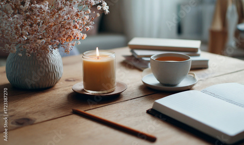 Cozy Workspace with Tea and Candlelight
