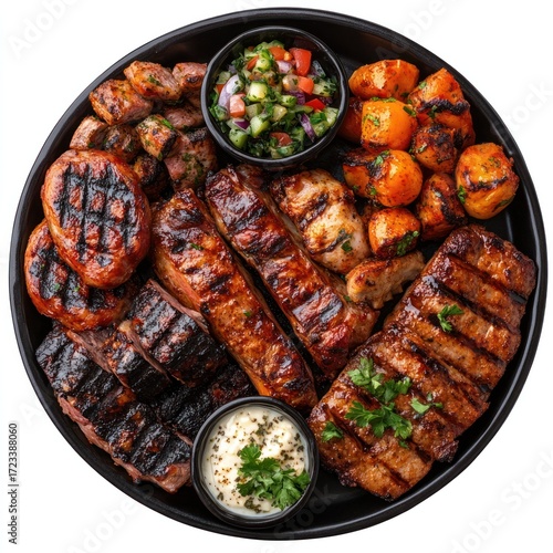 Culinary Delights: A tantalizing, top-down shot of a mixed grill platter, showcasing a feast of meticulously grilled meats, vegetables, and vibrant dips, inviting indulgence.