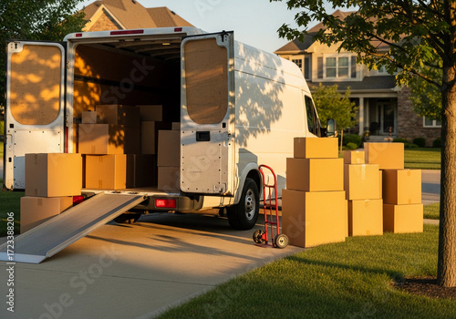 Moving van packed with boxes in front of the house. 