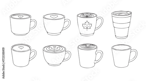 Set of eight hand drawn coffee mugs and cups with various designs for beverage enjoyment silhouette