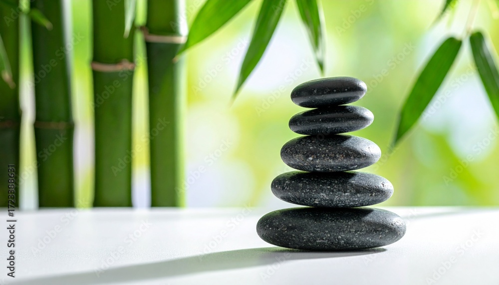 Obraz premium A carefully balanced stack of dark, smooth stones stands serenely against a vibrant backdrop of lush green bamboo, symbolizing harmony, growth, and natural tranquility