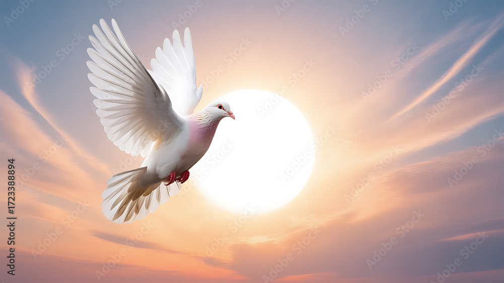 Fototapeta premium White dove in flight against a bright sun during sunset with colorful sky