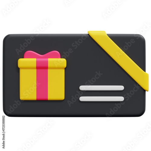 Elegant 3D gift card illustration featuring a cheerful yellow present box and pink ribbon, ideal for celebrations, special rewards, and thoughtful appreciation