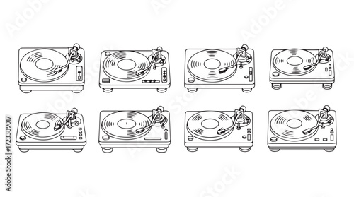 Collection of vintage turntables and record players displayed in a grid layout for music enthusiasts silhouette