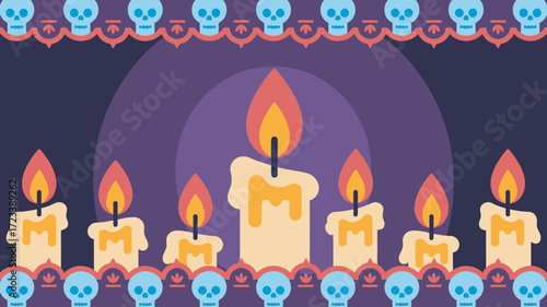 Candles and Skulls Border Illustration for Day of the Dead Inspired Design on Purple