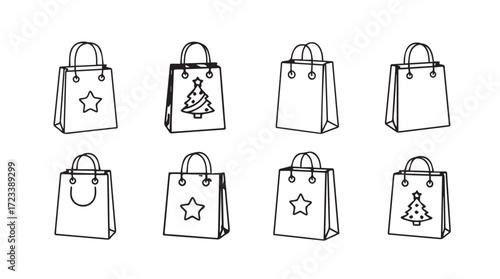 Set of eight hand-drawn shopping bags with festive christmas designs and simple handles silhouette