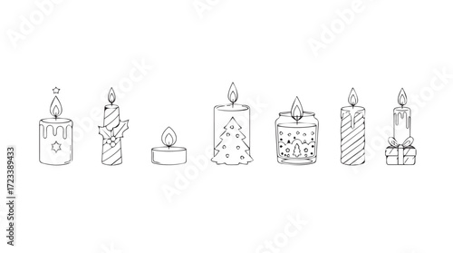 Collection of seven hand-drawn stylized candles with flames lit for ambiance silhouette
