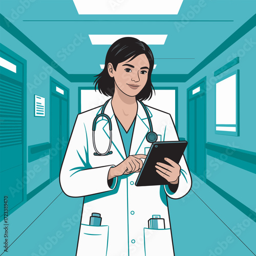 Confident Female Doctor in Hospital Hallway Holding Tablet with Professional Demeanor