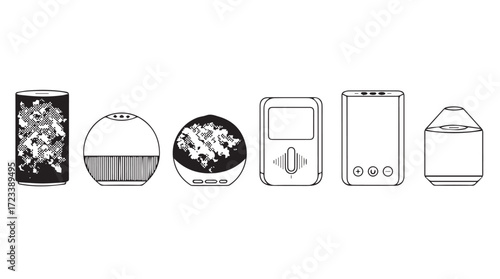Line art icons of various modern skincare devices and beauty gadgets arranged in a row silhouette