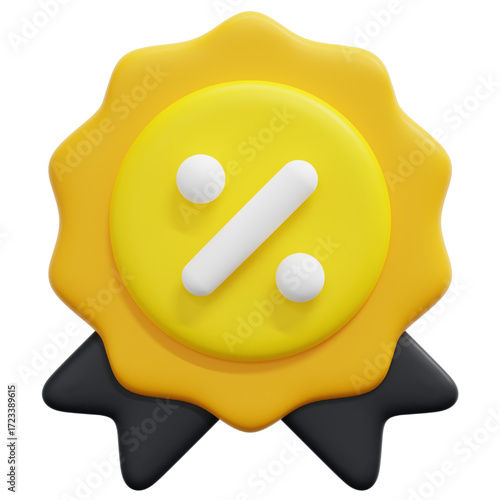 3D Render of Discount Badge Yellow Award Seal with Percentage Symbol for Sales and Promotions