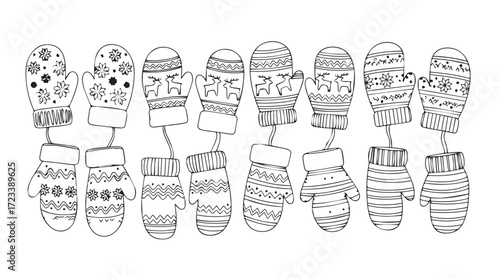 Collection of hand-drawn winter mittens with diverse patterns and textures for festive design silhouette