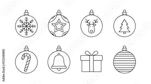 Set of festive christmas ornaments with snowflakes stars reindeer trees bells and gifts outlines silhouette