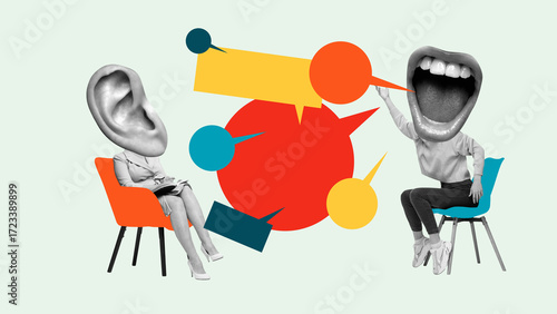 Creative digital artwork of giant ear and mouth head figures in colorful dialogue with speech bubbles. Concept of communication, PR, media, and active listening with emotional contrast.
