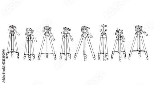 Collection of vintage surveying tripods arranged in a row technical measurement equipment design silhouette