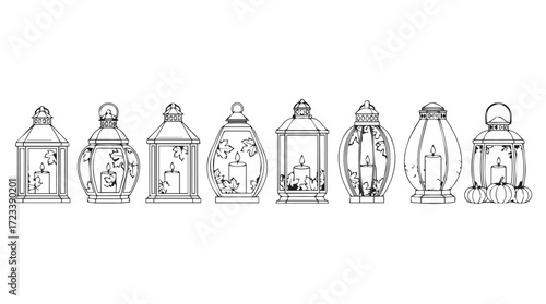 Collection of ornate lanterns with intricate designs and delicate flames illuminated for warm ambiance silhouette
