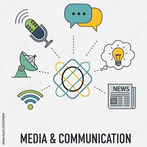 Media and Communication Concept with Icons of Microphone, Speech Bubbles, and News