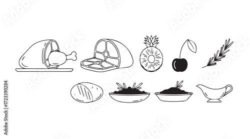 Collection of hand-drawn food icons featuring roast chicken berries and gravy boat set silhouette