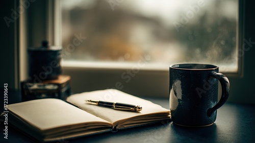 A still life composition featuring an open notebook, fountain pen, and dark blue mug of steaming coffee by a window, evoking a quiet and reflective mood.