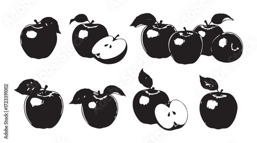 Collection of realistic red apples with leaves isolated on white for fresh food photography silhouette