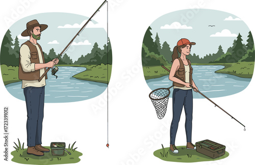 Fishing, river, nature, outdoor, recreation, forest, tackle box, fishing rod, peaceful, birds, jeans, vest, net, hobby, landscape, fly fishing, angling, trees, water, relaxation