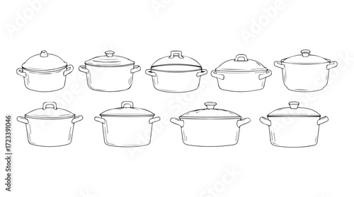 Collection of sketch style cooking pots and pans for culinary designs and kitchen themes silhouette