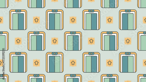 A repeating pattern of cartoon style elevators and up arrows on a light gray background surface design