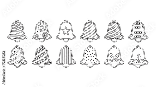 Collection of ten decorative hand-drawn holiday bells with various festive patterns for christmas and new year celebrations silhouette