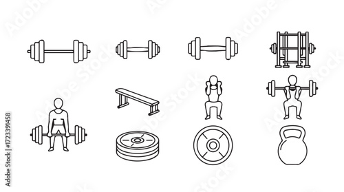 Set of hand drawn fitness icons representing weightlifting and exercise equipment silhouette
