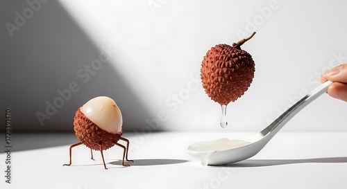 Lychee Fruit Photography: Creative Food Still Life with Fresh Lychees, Minimalist White Background, and Dropping Juice.