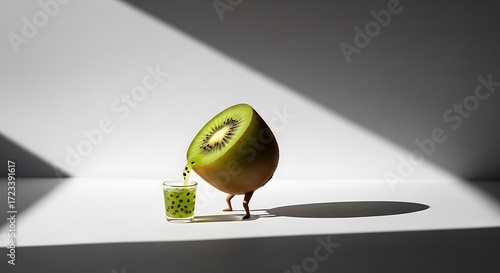 Playful Kiwi Pouring Juice into Shot Glass - Minimalist Food Photography with Dramatic Lighting.