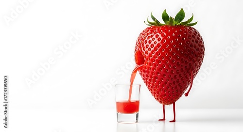 Giant Strawberry Character Pouring Fresh Juice into a Shot Glass - Fun, Healthy, and Vibrant Stock Photo.